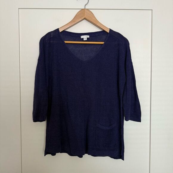 J Jill Sweater Top Womens Sz S Deep Blue Knit V Neck 3/4 Sleeve Linen Blend - Picture 1 of 11